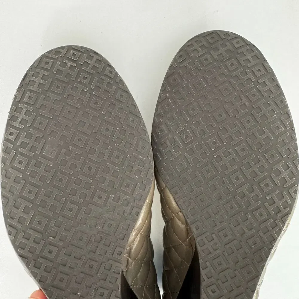 Tory Burch Quinn Quilted Leather Wedge Pumps Shoes Dark Taupe 10M Double T Logo
